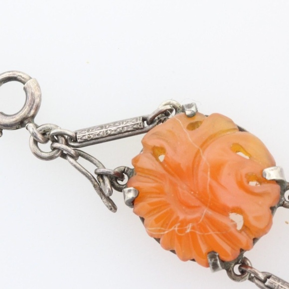 Sterling Silver Carved Floral Red Jadeite & Jade Hinged Bar Link Bracelet - 7.5" - Picture 7 of 8